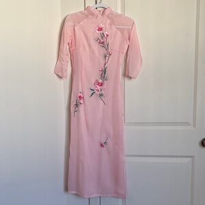 Elegant Pink Floral Embroidered traditional ao dai for women